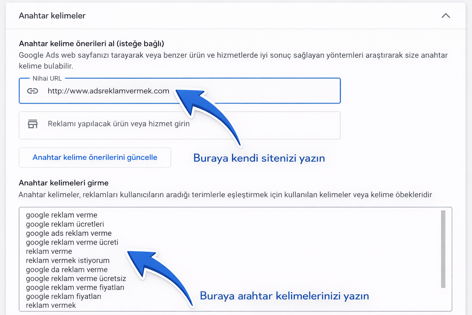 Google Ads anahtar kelime girme