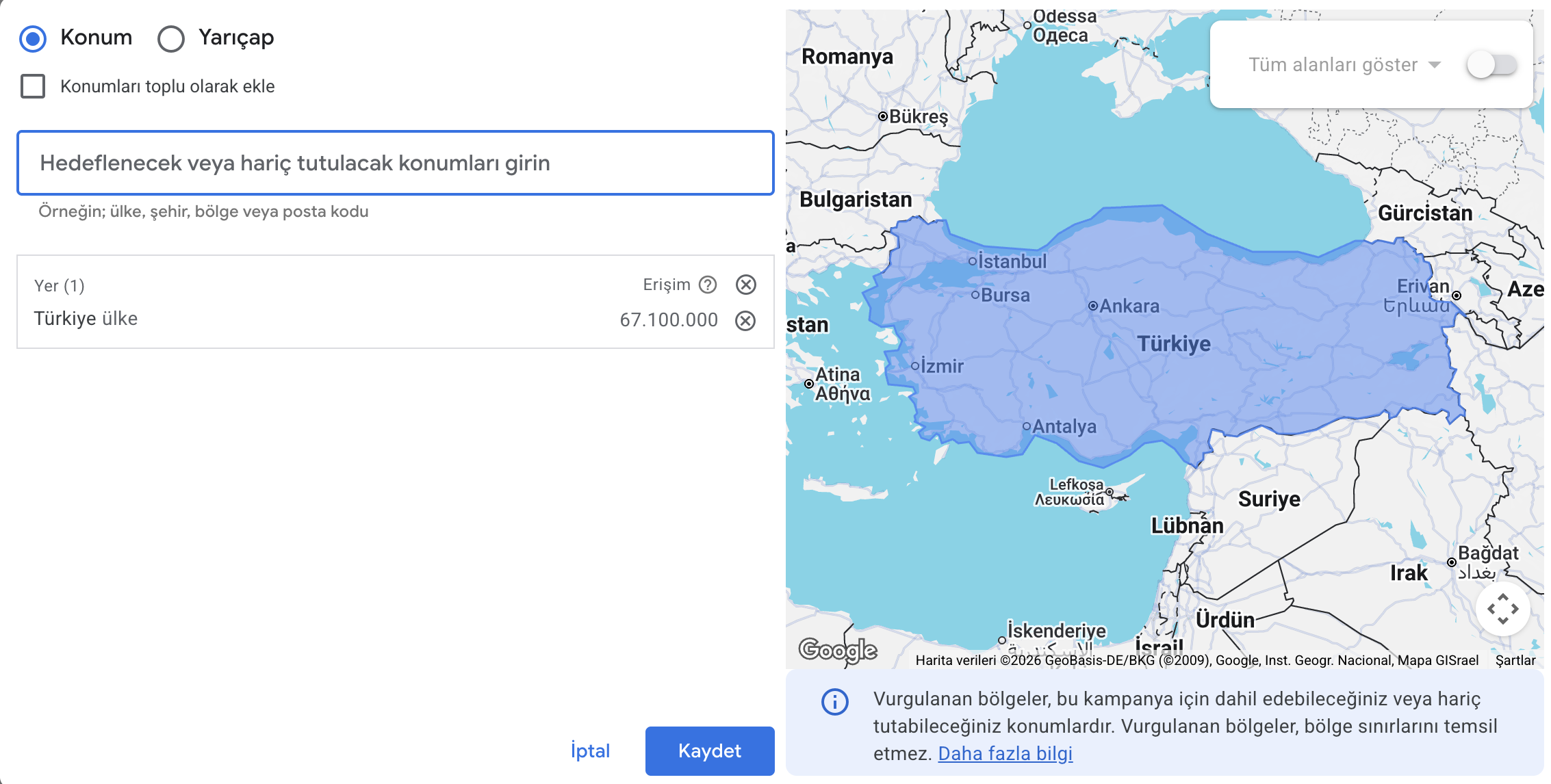 Google Ads hedef bölge ayarı